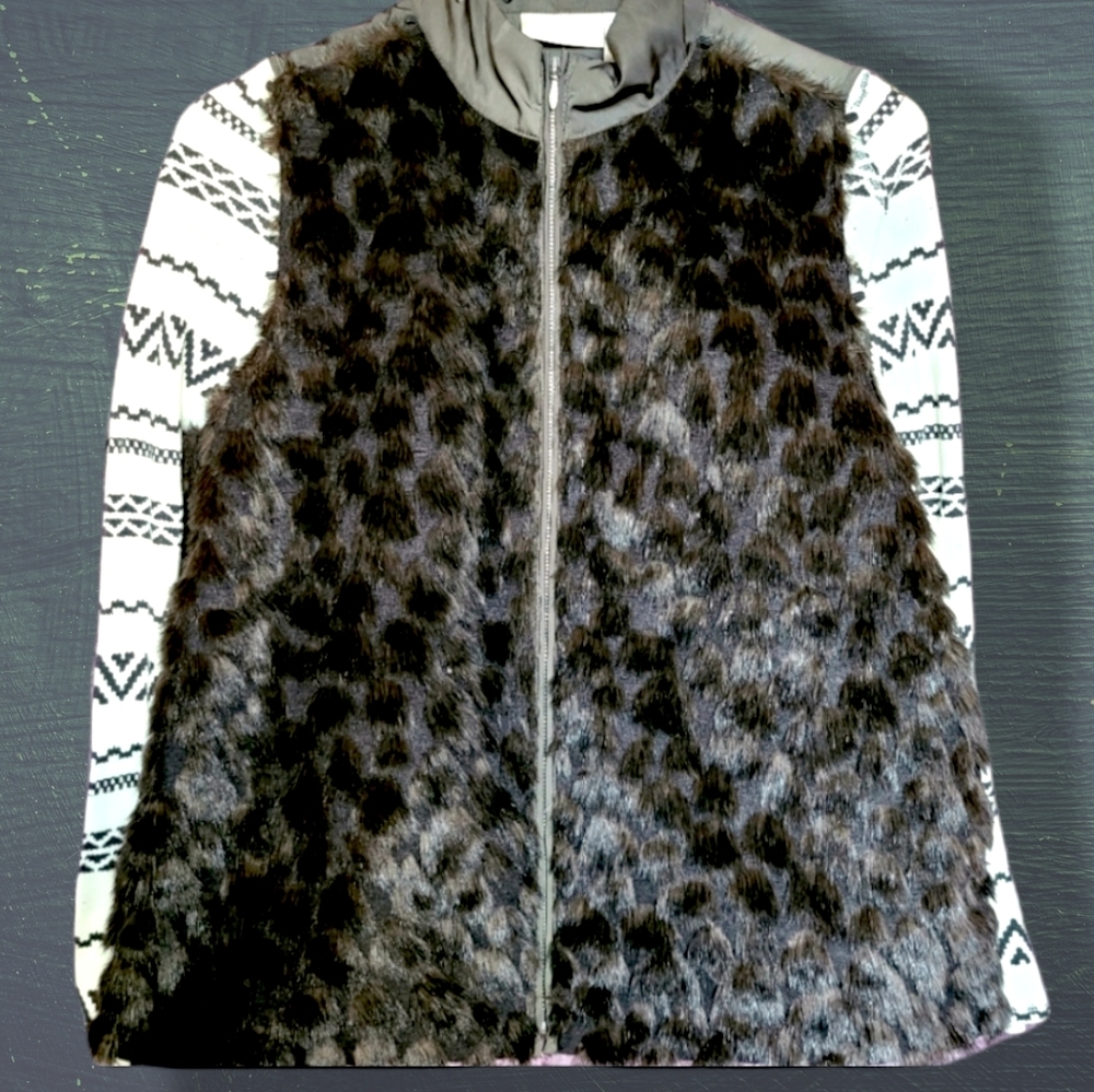 Chico's Olive/Brown Faux Fur Zip UP Casual Lightweight Vest Size XS